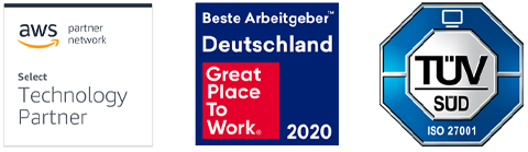 Zertifikate: AWS Partner Network, Great Place to Work 2020, ISO 27001